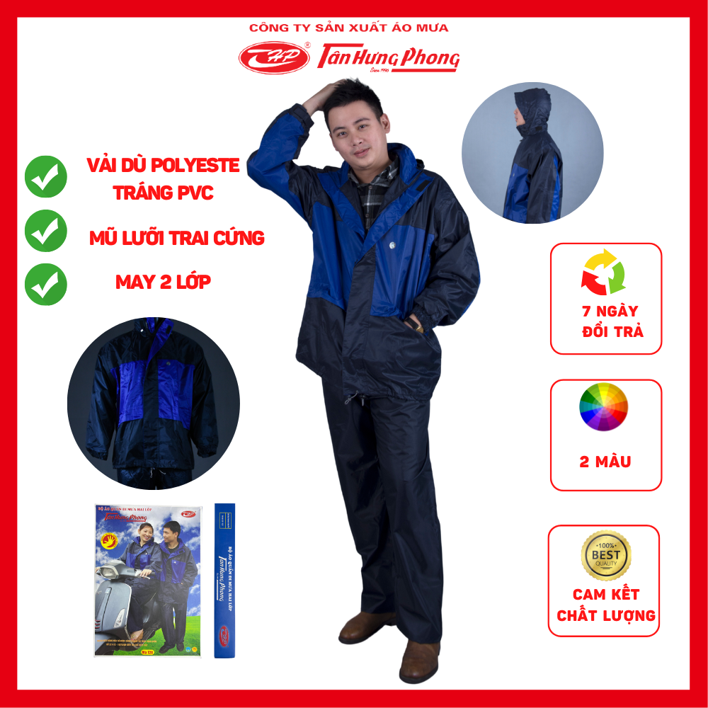 Bộ áo mưa 2 lớp chống thấm, chống lạnh siêu bền, đẹp Tân Hưng Phong cao cấp chính hãng