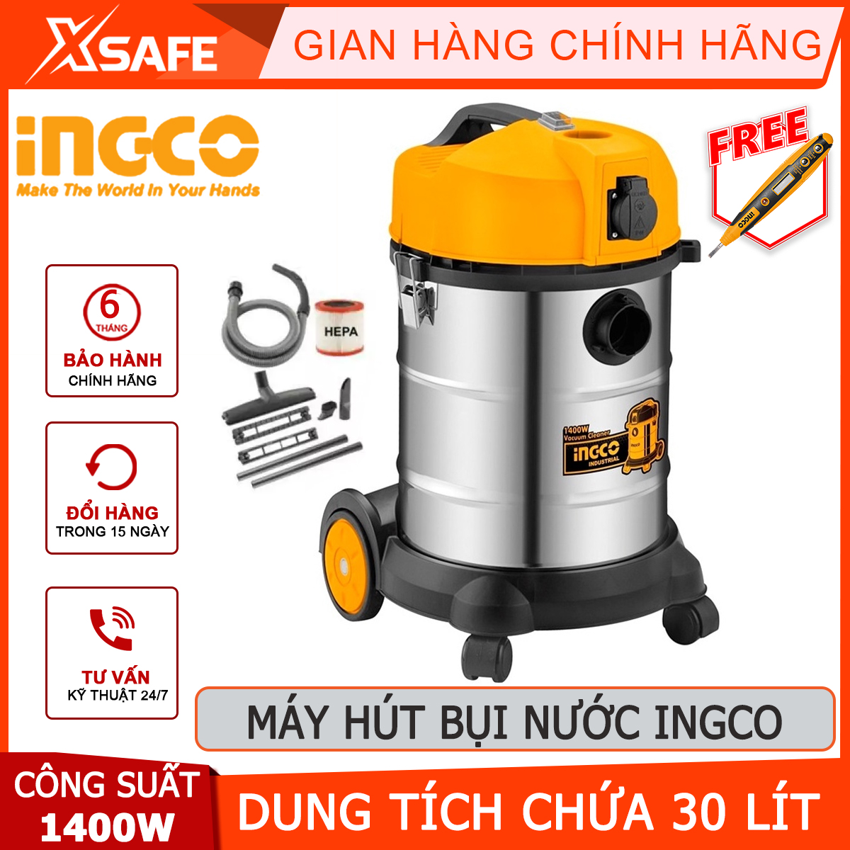 Vacuum cleaner water ingco VC14301 | vacuum cleaner 1400W, tank capacity container (stainless steel) 30 liter, suction dry suction wet vacuum cleaner, sandy soil, and liquid [genuine] [xsafe]