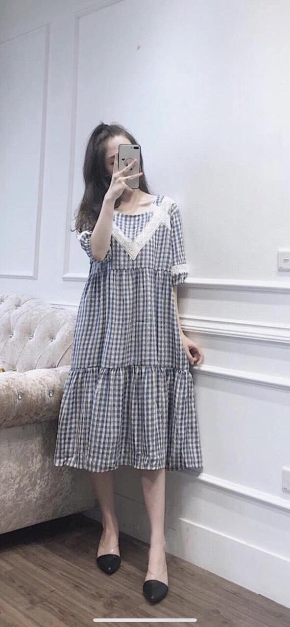 Váy bầu thu chất thô lụa kẻ xinh