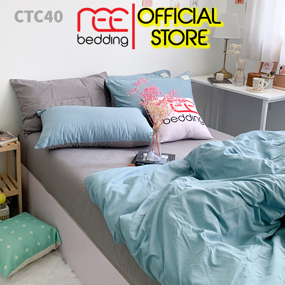 Bộ chăn ga gối Cotton TC REE Bedding CTC40 xanh xám dễ thương đủ size giường nệm