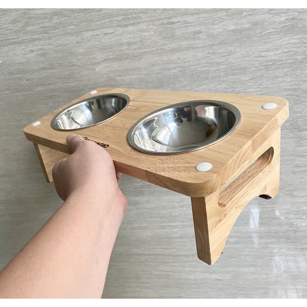 Kệ chén ăn đôi cho chó mèo (Gỗ tự nhiên, kèm 2 chén)