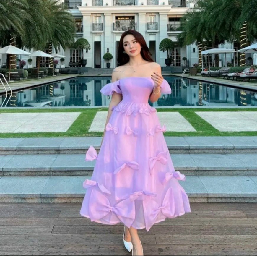 Đầm maxi tơ lụa đính nơ có tay có mút siêu xinh phù hợp đi chơi đi tiệc