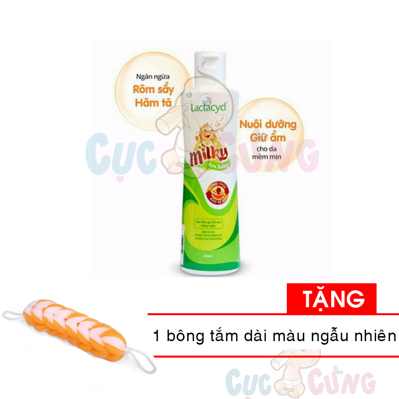 Sữa tắm gội trẻ em Lactacyd Milky 250ml Tặng 1 bông tắm dàu màu ngẫu nhiên
