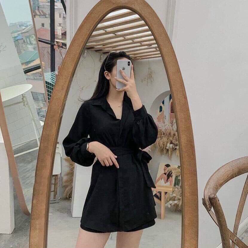 Sét bộ đồ nữ áo sơ mi cột dây eo màu đen