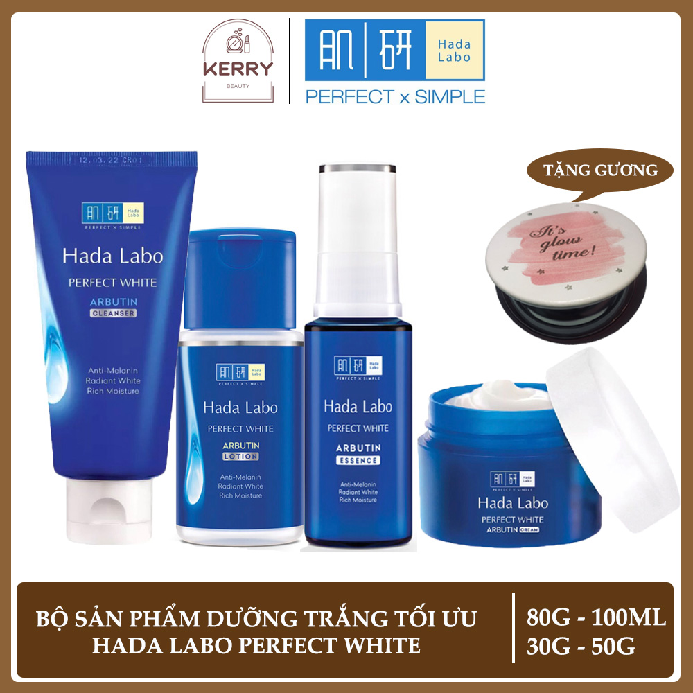Bộ 4 sản phẩm Hada Labo Perfect White (Kem rửa mặt 80g + Dung dịch dưỡng 100ml + Tinh chất 30g + Kem dưỡng 50g)