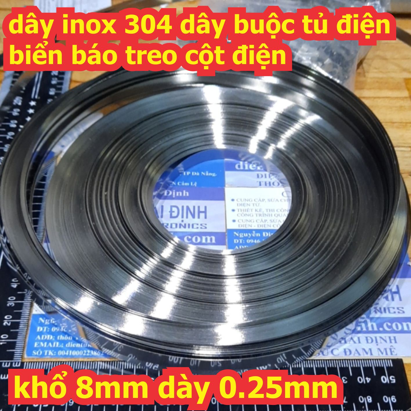 5 mét dây inox 304 dây buộc tủ điện, biển báo treo cột điện khổ 8mm dày 0.25mm (1 mét) kde6533