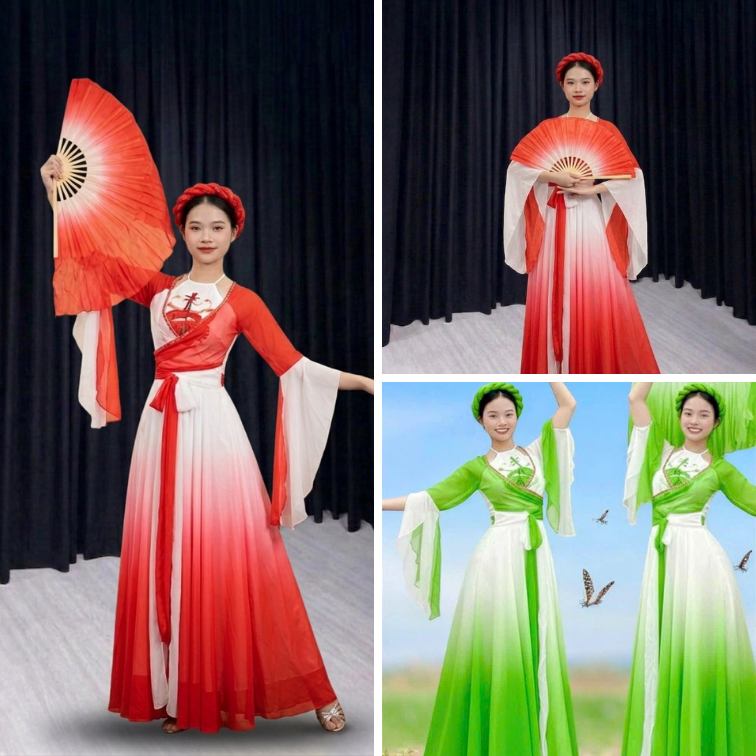 Trang phục biểu diễn nhóm múa, bộ tứ thân truyền thống phối màu trắng xanh thiết kế hoạ tiết viền đính ngọc xẻ tay