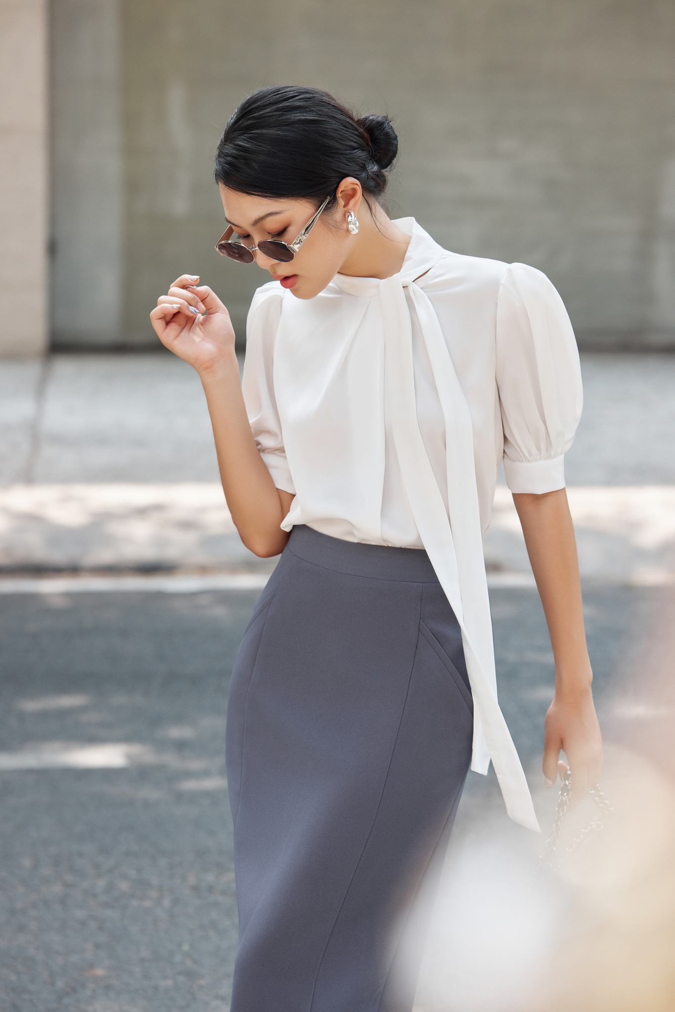Áo sơ mi lụa trắng tinh cổ nơ HUONG BOUTIQUE BSSM38