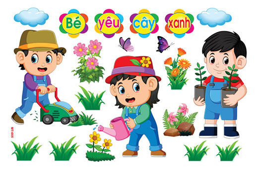 Decal mầm non-bé yêu cây xanh khổ lớn 127x80