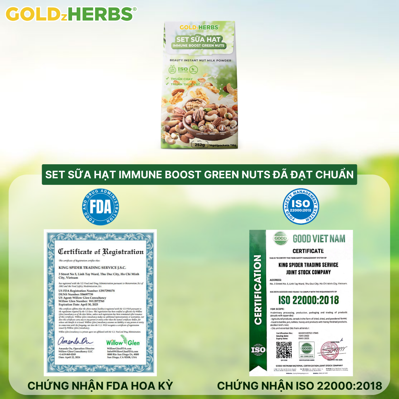 Set Sữa Hạt Goldzherbs Immune Boost Green Nuts – 14 gói x18g/ 500g