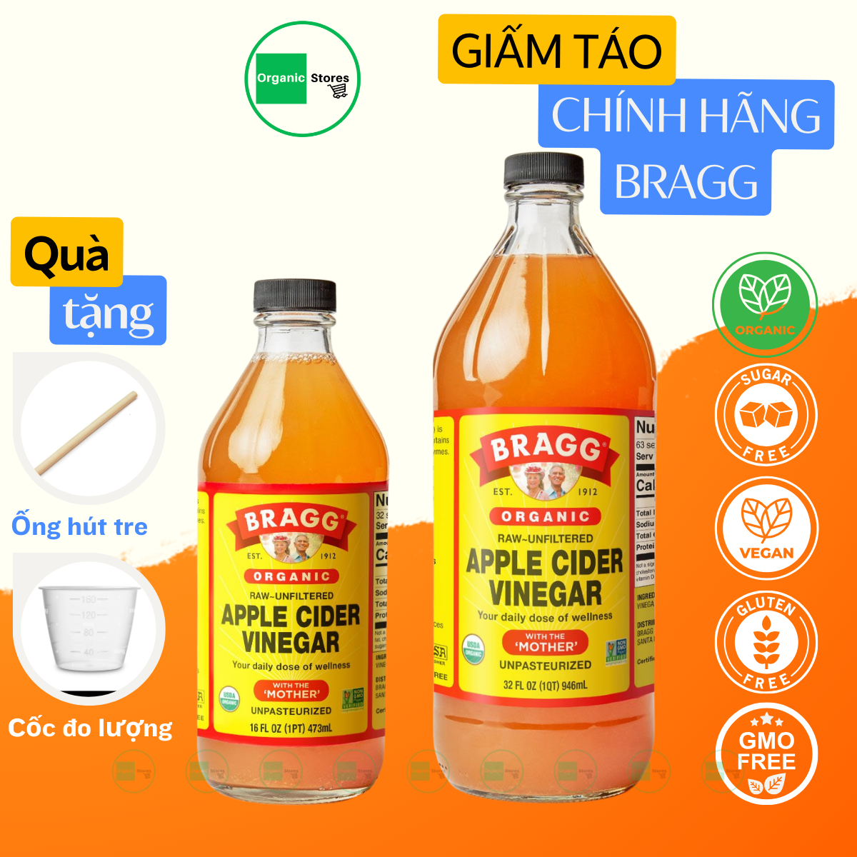 Giấm táo hữu cơ Bragg - Raw Apple Cider Vinegar - Ăn Kiêng - Giảm cân - Giảm Cholesterol - Ăn thực dưỡng - Organic Stores