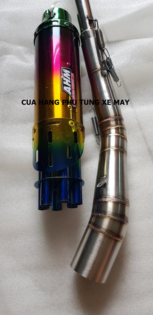 Pô AHM 6 nòng gắn xe Dream, Wave, Sirius, Cub (kèm cổ 2 khúc inox 304 xịn + pát treo + lò xo)