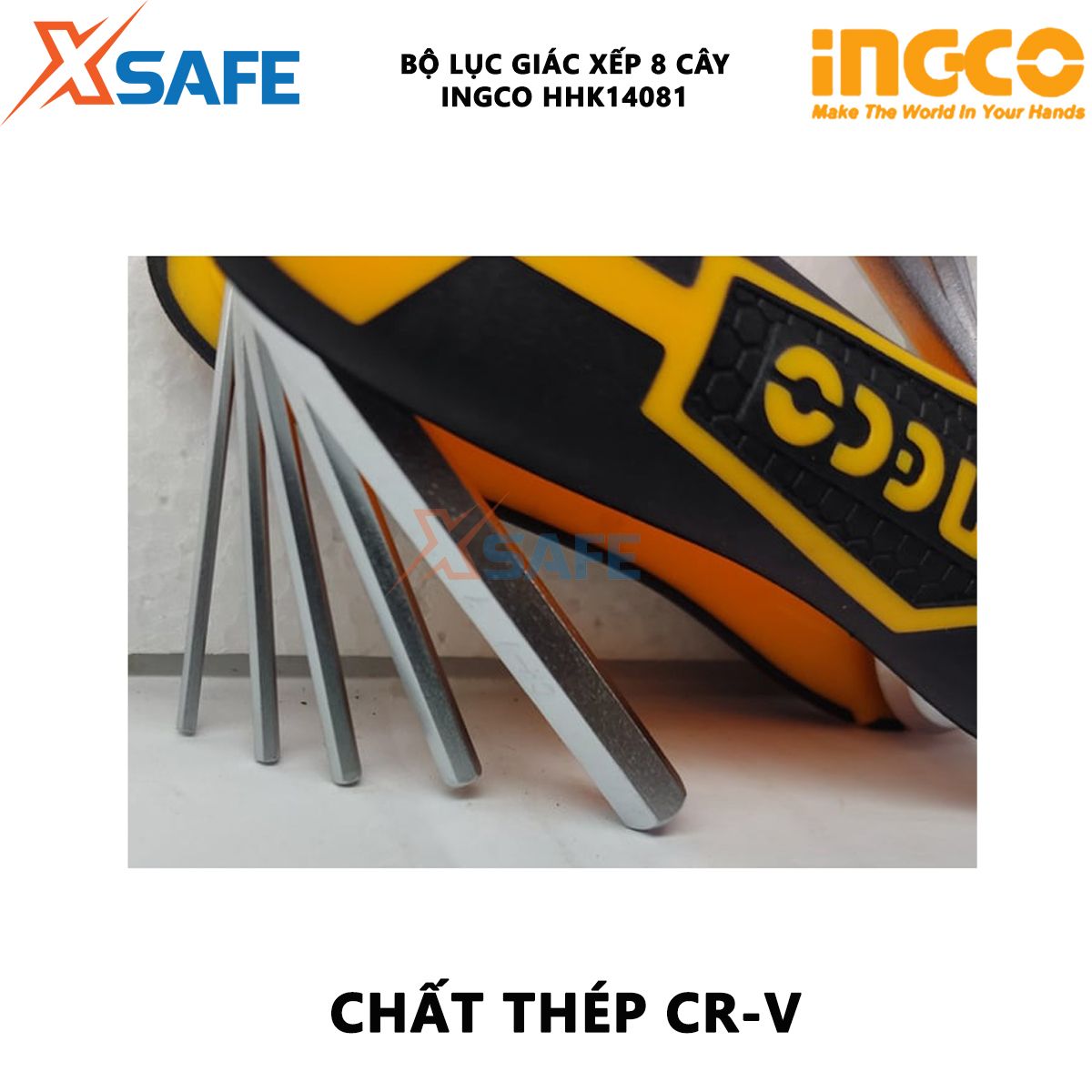 Bộ lục giác xếp 8 cây INGCO HHK14081 Bộ 8 chìa lục giác Kích thước 2-8mm Chất liệu Cr-V mở bulong, đai ốc, tháo lắp các loại ốc vít có đầu lục giác