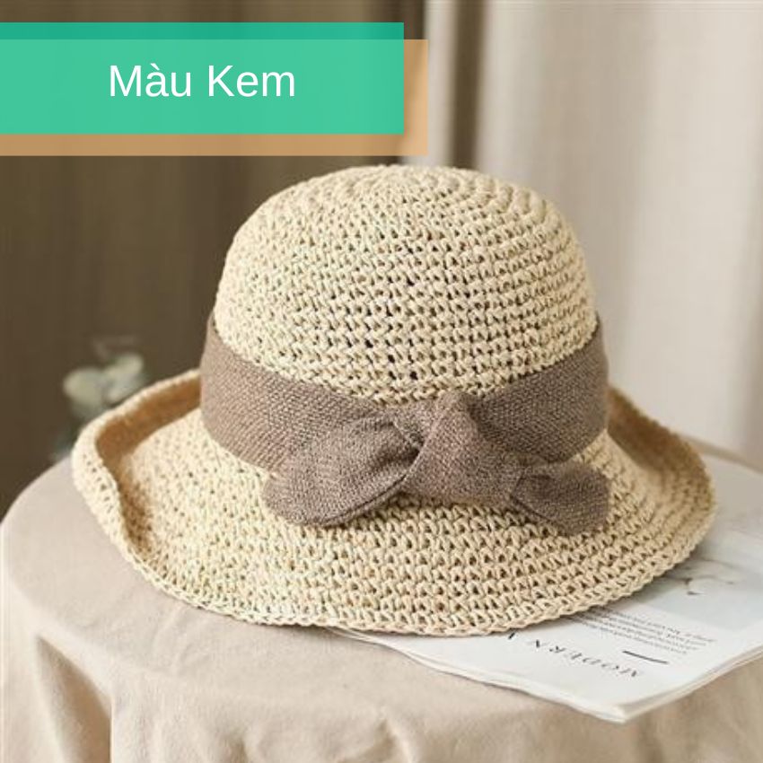 Mũ cói mềm phối nơ vải