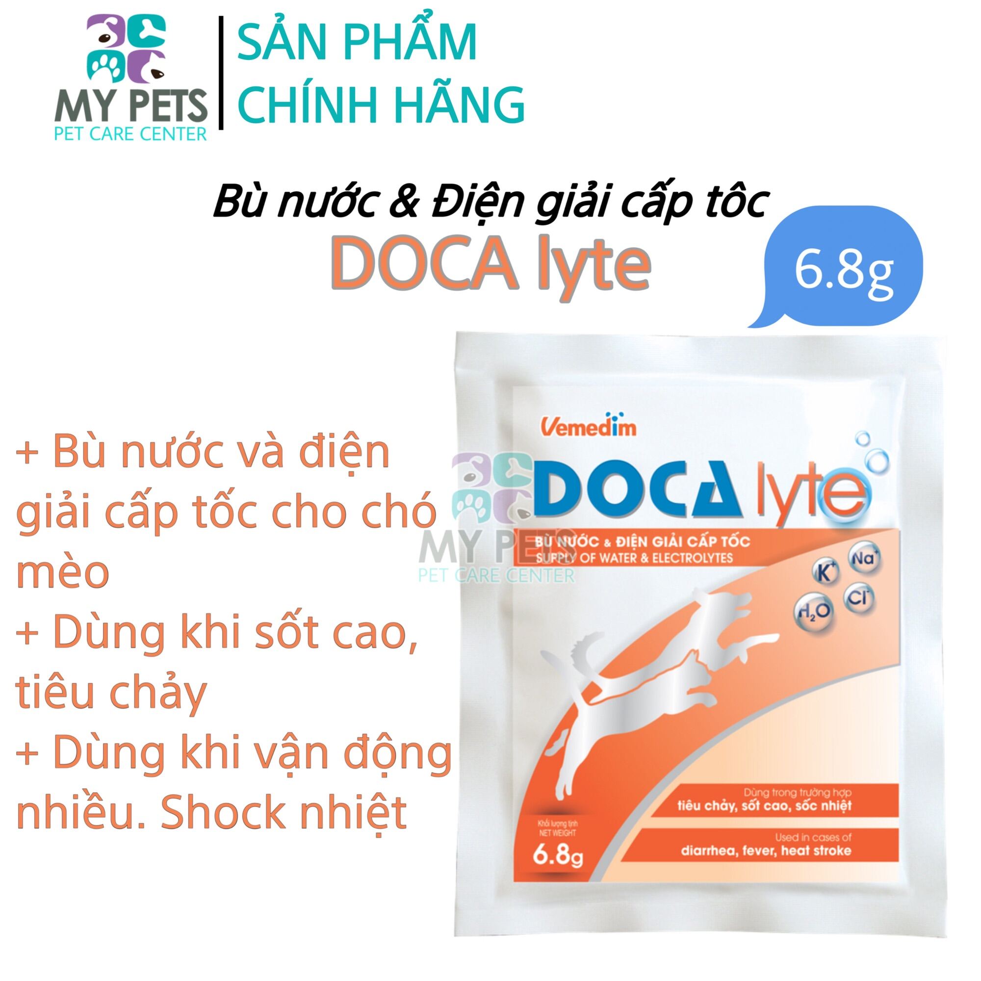 Doca Lyte - Bù nước và điện giải cấp tốc cho chó mèo. Dùng trong trường hợp tiêu chảy, sốt cao, sốc nhiệt. - Gói 6,8g