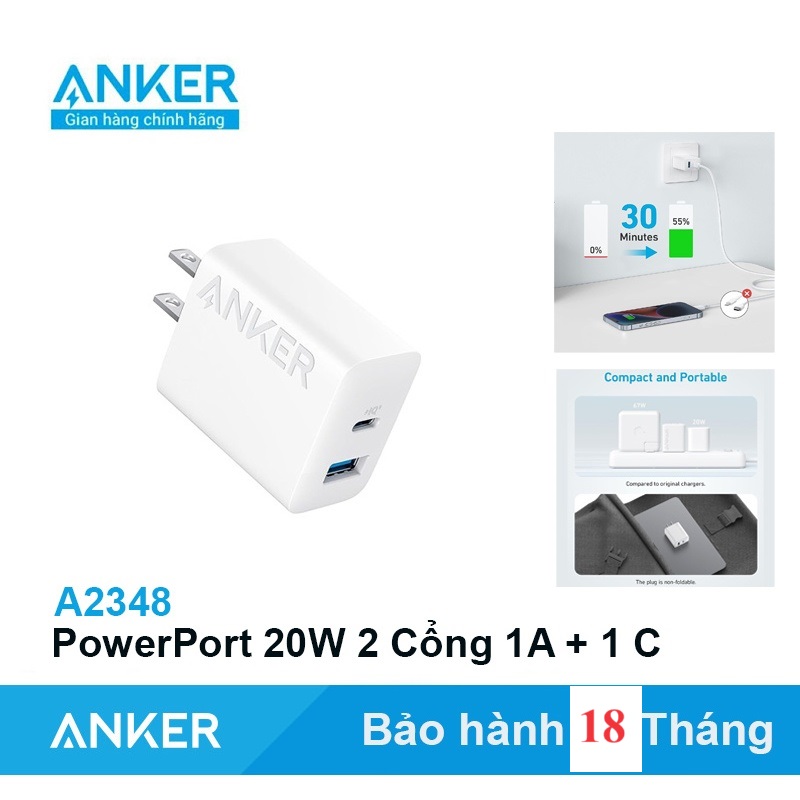 Sạc 2 Cổng Anker 20W - A2348 (Hàng chính hãng bảo hành 12 tháng)