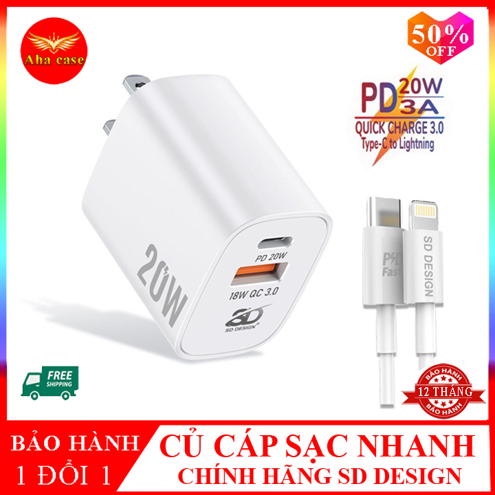 Bộ sạc nhanh PD 20W HG08 - L10 Chính hãng SD Design Sạc đầy 50% pin sau 30 phút cho iPhone chế độ sac nhanh thông minh dây cáp sạc chân USB-C to Lightning bảo hành 12 tháng