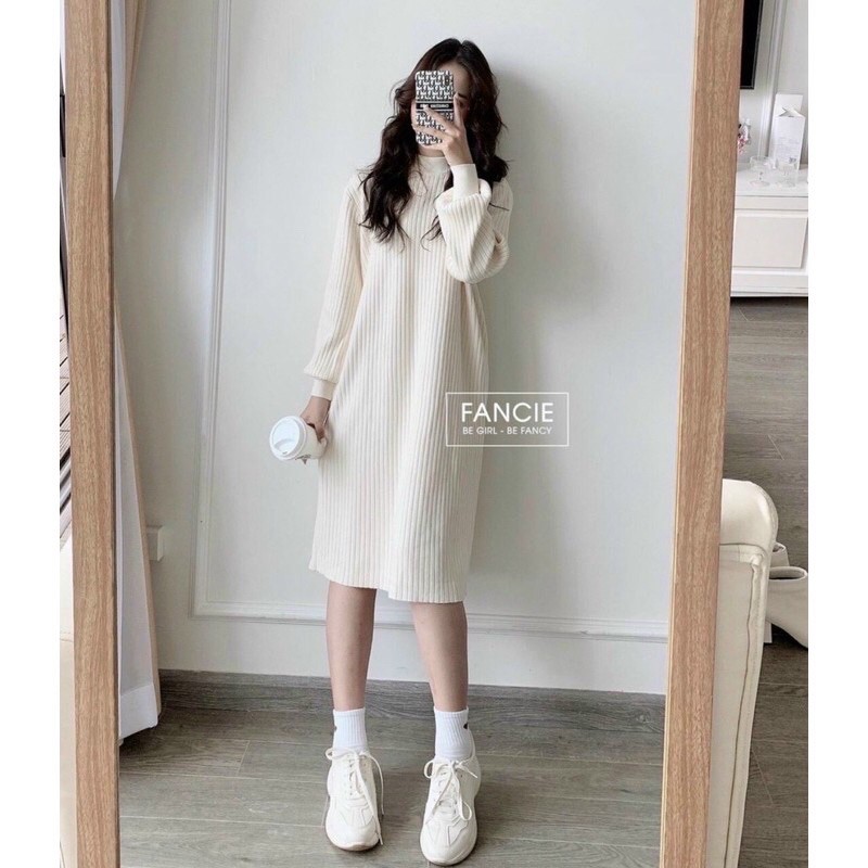 [HOÀN TIỀN ĐẾN 15%]Váy len suông dài tay bo, đầm suông thun len gân dáng dài thu đông 3 màu