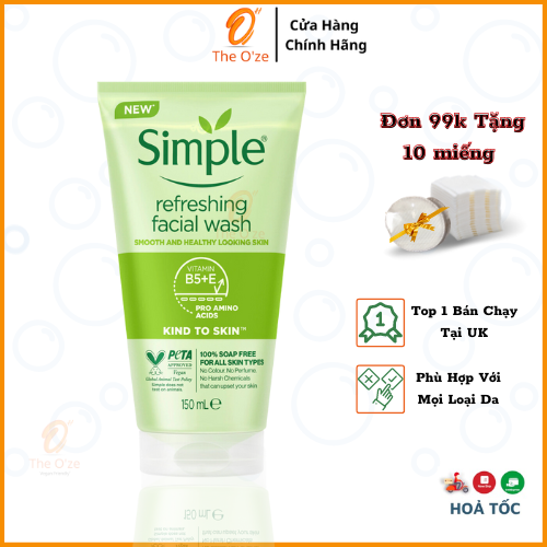 Sữa rửa mặt giành cho mọi loại da từ da dầu,da mụn, da khô đến da nhạy cảm Simple Refreshing Facial Wash 150ml  srm dạng gel  không chứa xà phòng không gây khô da dịu nhẹ nhiều Vitamin E, B5 chống lão hoá giúp da sạch sâu căng bóng