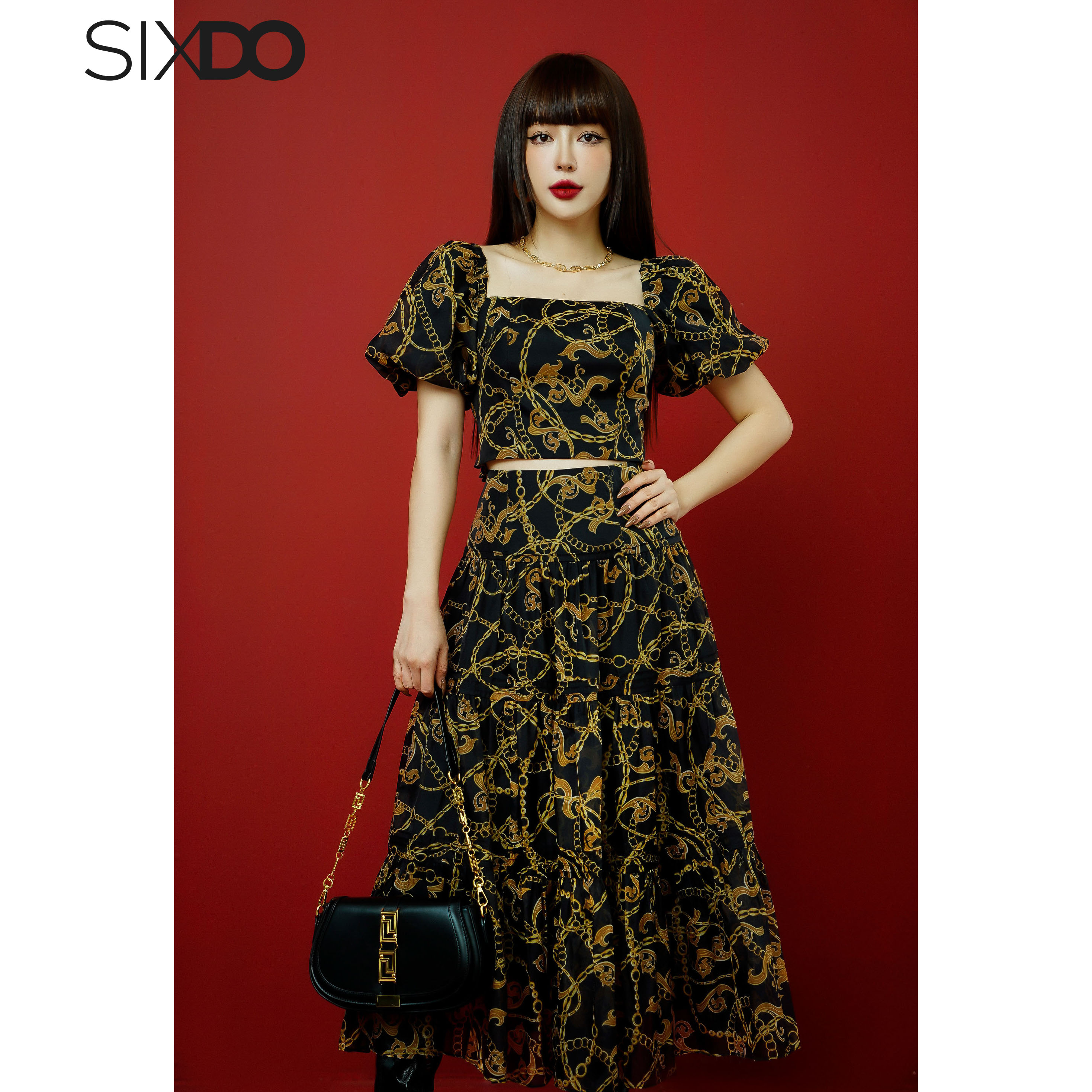 Áo nữ tơ croptop họa tiết baroque SIXDO (Black Baroque Print Cropped Top)