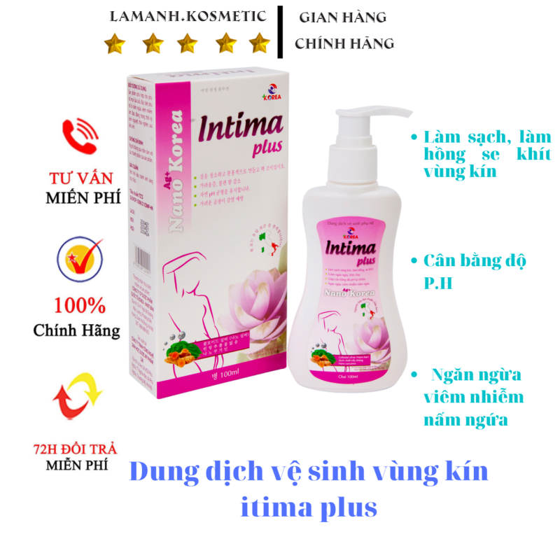 Dung dịch vệ sinh phụ nữ Intima plus làm hồng se khit, cấp ẩm cân bằng độ P.H chống nấm ngứa hết mùi hôi, khứ hư. Chai 100ml dạng geo siêu tiết kiệm
