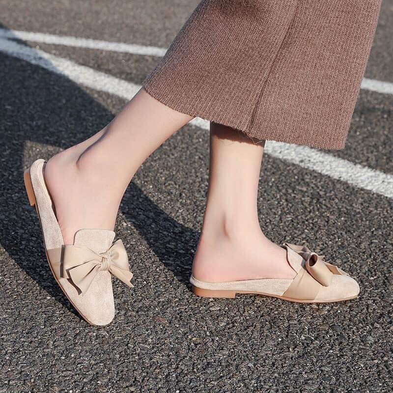 [Mã FASHIONG10 giảm 10k đơn 50k] Giày Mules Nơ Da Lộn Giày Lười Nữ G15