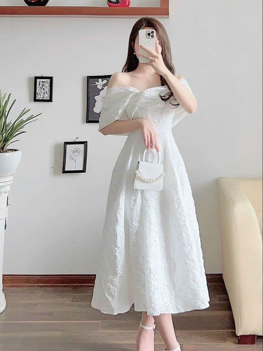 Đầm váy nữ kiểu dáng xòe vèo vai ( có mut ngực )