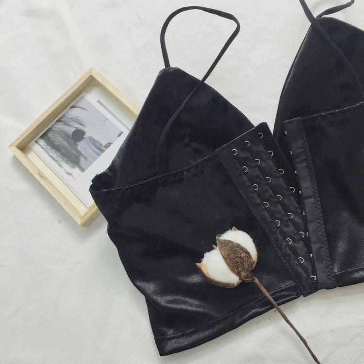 [HCM]Áo croptop hai dây cúp ngực đen vải phi bóng