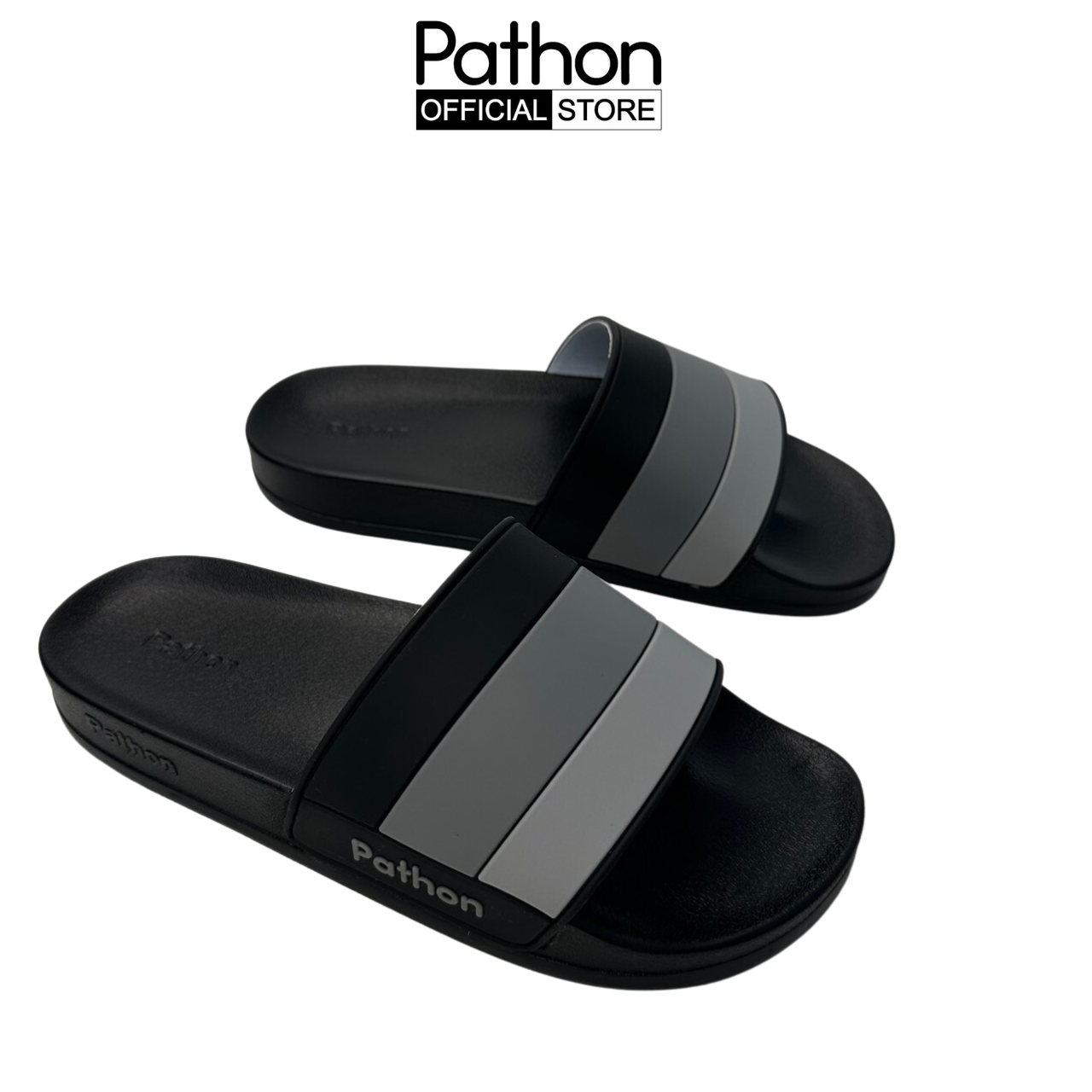 Dép nam nữ quai ngang slipper Pathon quai PVC và đế PU đen quai xọc xám đen lớn SD120