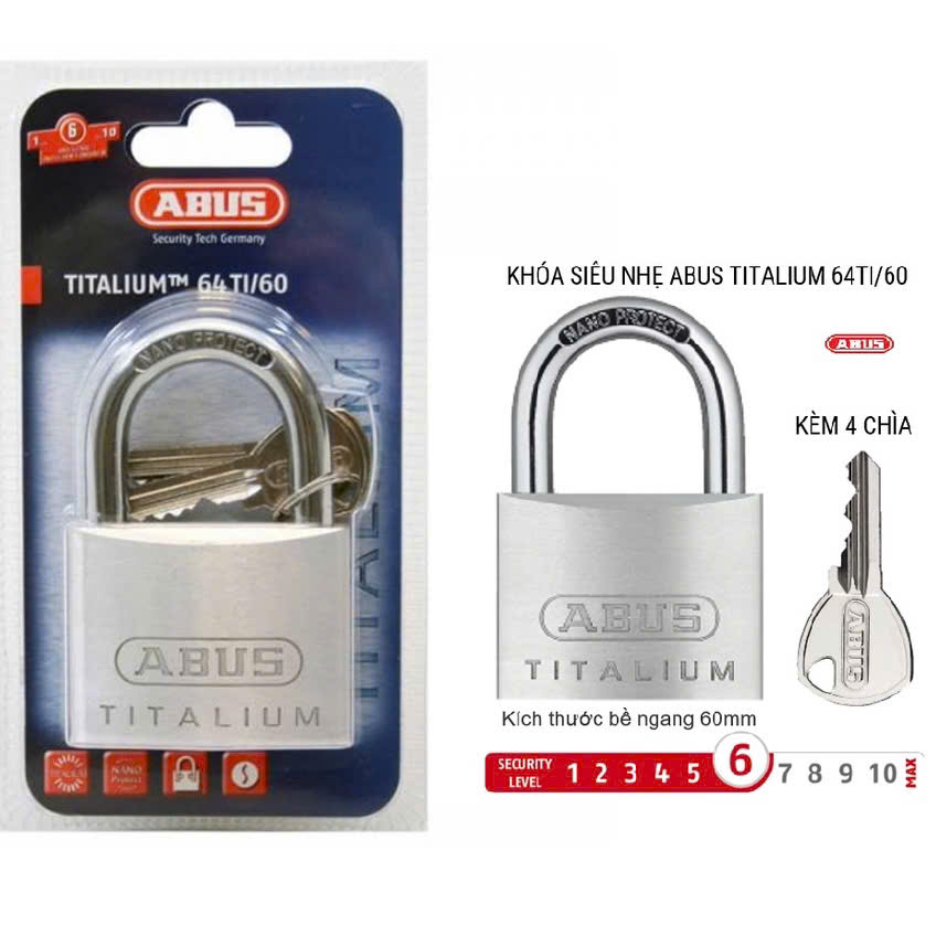 [HCM]ABUS 64Ti/60 TITALIUM KHOÁ ABUS 64TI 60MM BẤM 4 CHÌA CAO CẤP CHỐNG CƯA CẮT CHỐNG DÒ CHÌA KHOÁ ĐỨC TOP ĐẦU