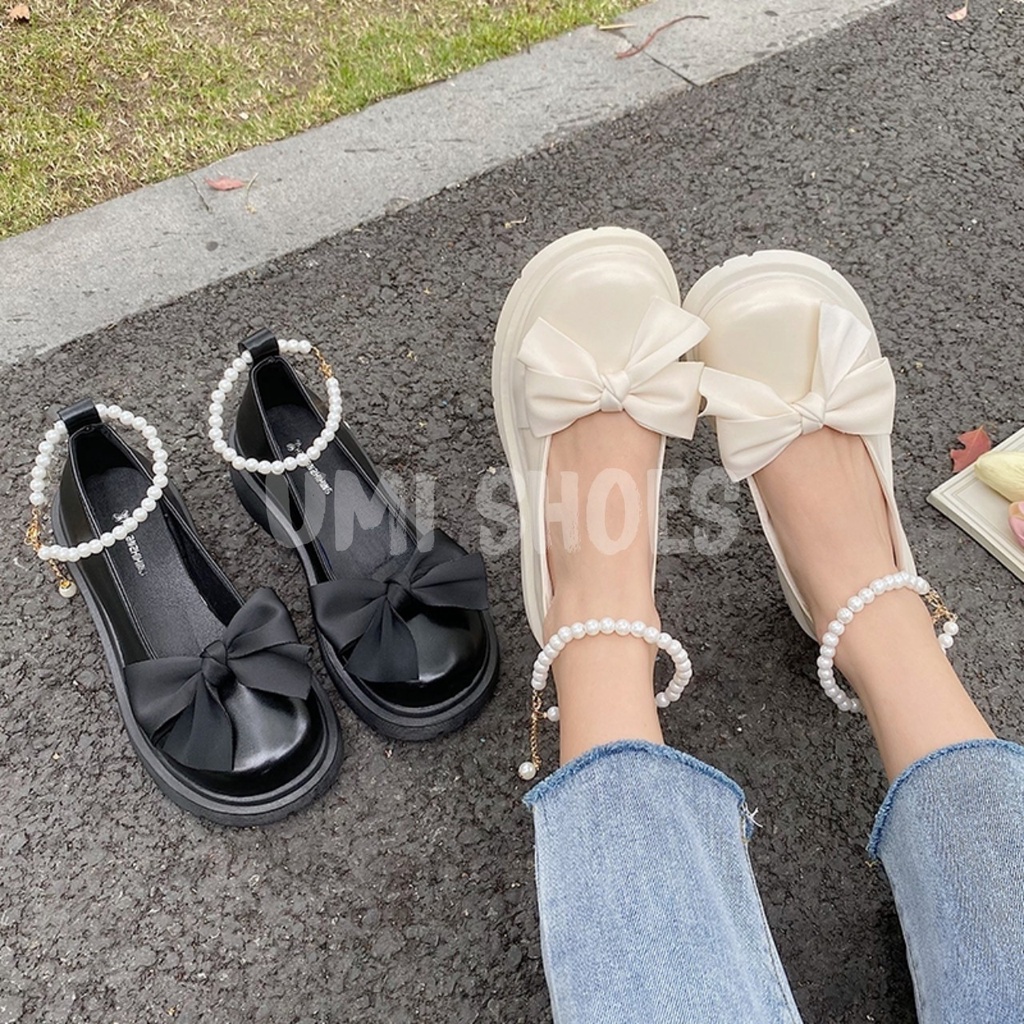 HOT NOWSHIP Giày Lolita Nữ Mary Quai Ngọc Hột Soàn Cài Thời Trang Phối Nơ Màu Đen/Kem Hot Mới Học Sinh Đi Chơi Xinh Đẹp