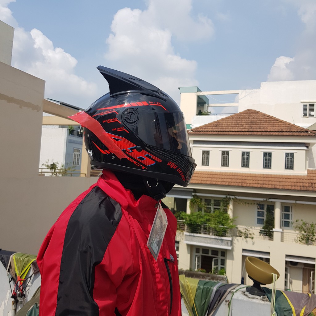 Nón Fullface Agu 46 Đỏ gắn sừng đuôi gió
