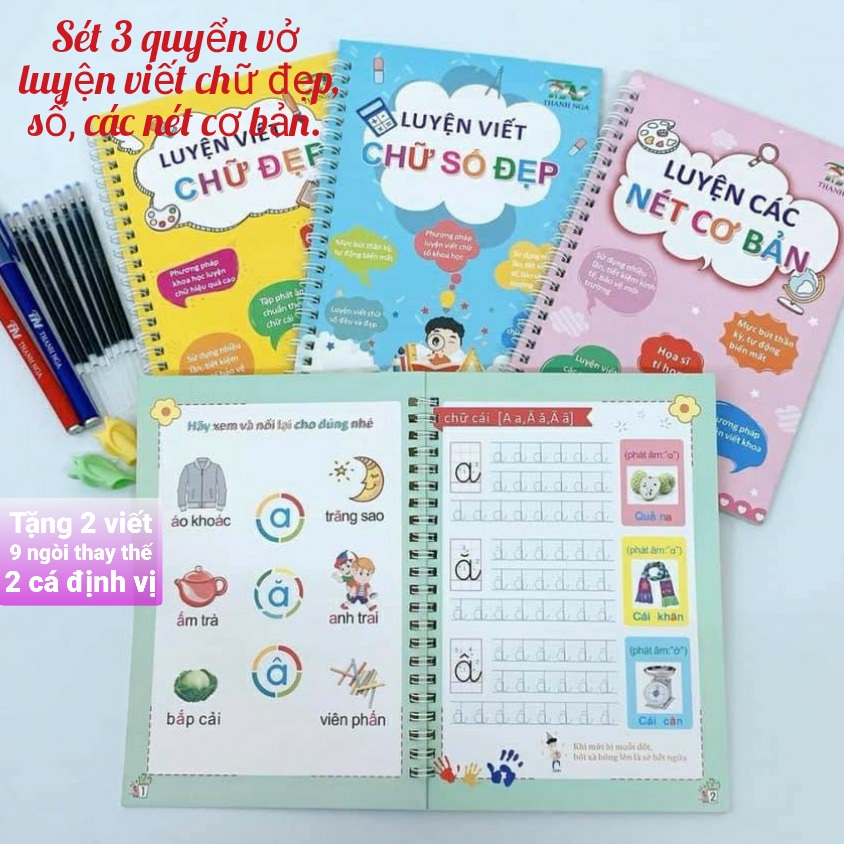 [HCM] Sét 3 quyển vở luyện viết Thanh Nga. Luyện viết chữ đẹp,luyện viết số, luyện viết các dấu câu. Tặng kèm 2 viết, 9 ngòi thay thế, 2 cá định vị