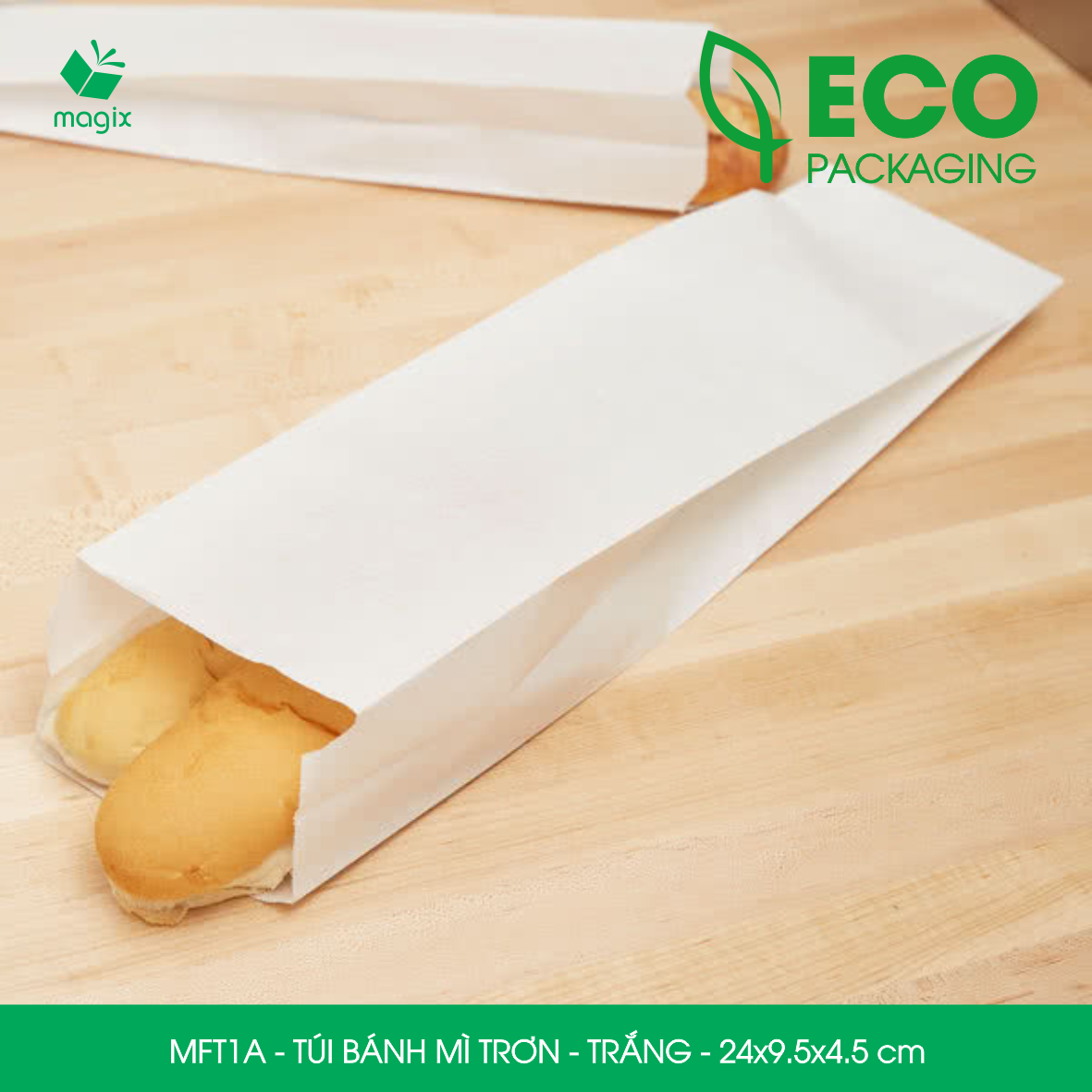 MFT1A - 24x9.5x4.5 cm - 100 Túi giấy bánh mì trắng