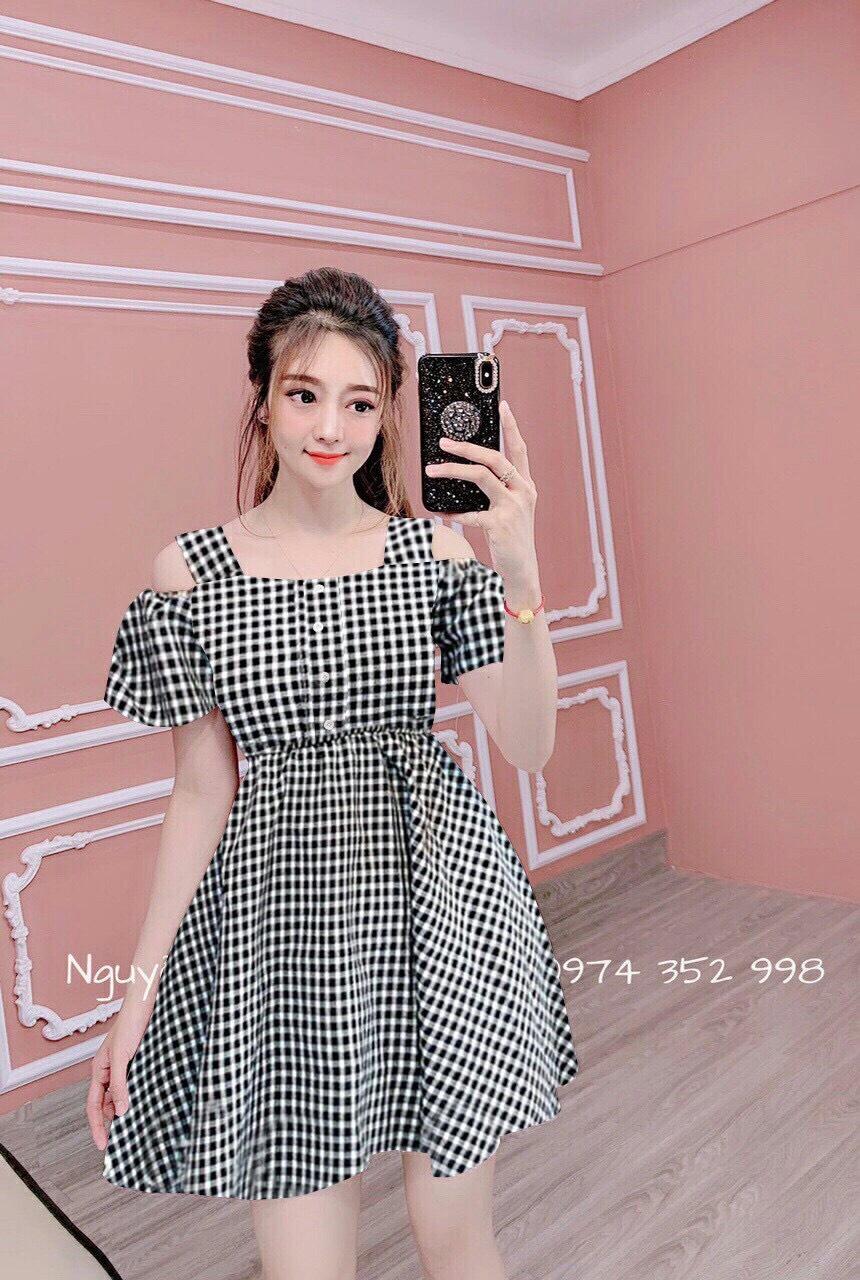 [HCM]ĐẦM DÁNG XÒE CARO VẢI THUN AD