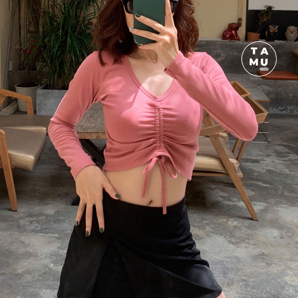 Áo croptop tay dài rút dây chất thun gân dày dặn kiểu dáng basic dễ phối đồ - CT08