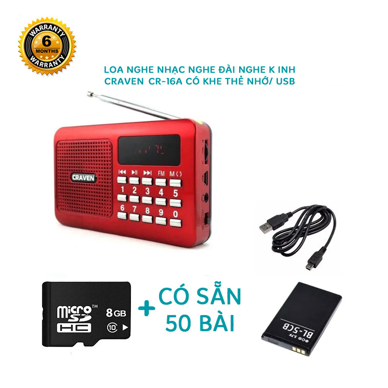 [KÈM THẺ NHỚ 8GB CÓ SẴN KINH] Loa nghe đài Craven CR-16 / CR-26 hỗ trợ khe USB / thẻ nhớ / jack cắm tai nghe (đen đỏ)