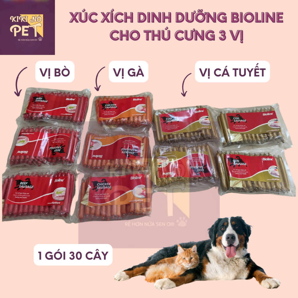 Xúc xích cho chó mèo bioline gói 30 cây vị cá, gà, bò - kikino
