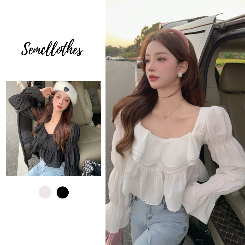 Áo croptop nữ áo thun cổ vuông tay phồng dài kiểu tiểu thư bánh bèo ảnh thật hình cuối Semclothes A027