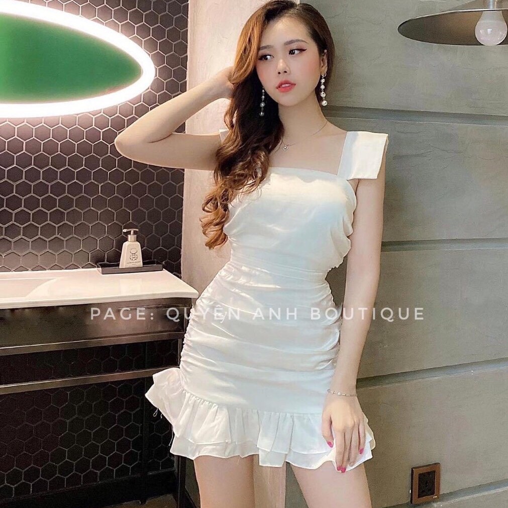 Đầm Body Lụa chéo Bèo Nhún 2 Dây Bản To Dễ Thương