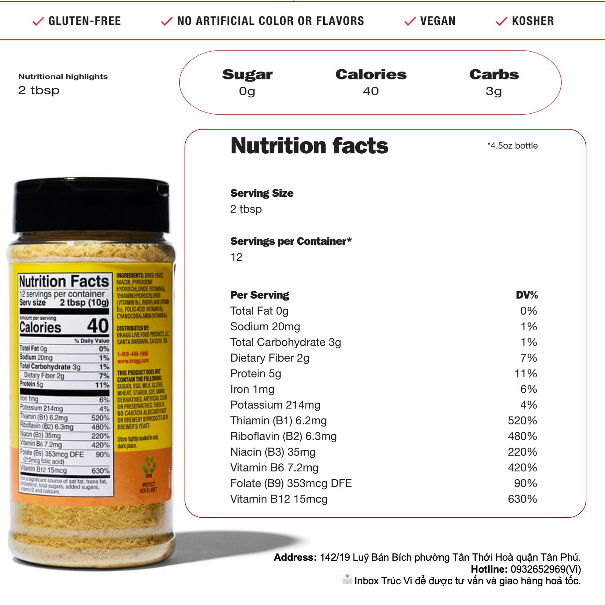 Men dinh dưỡng cao cấp BRAGG ( Nutritional Yeast Bragg)-127g