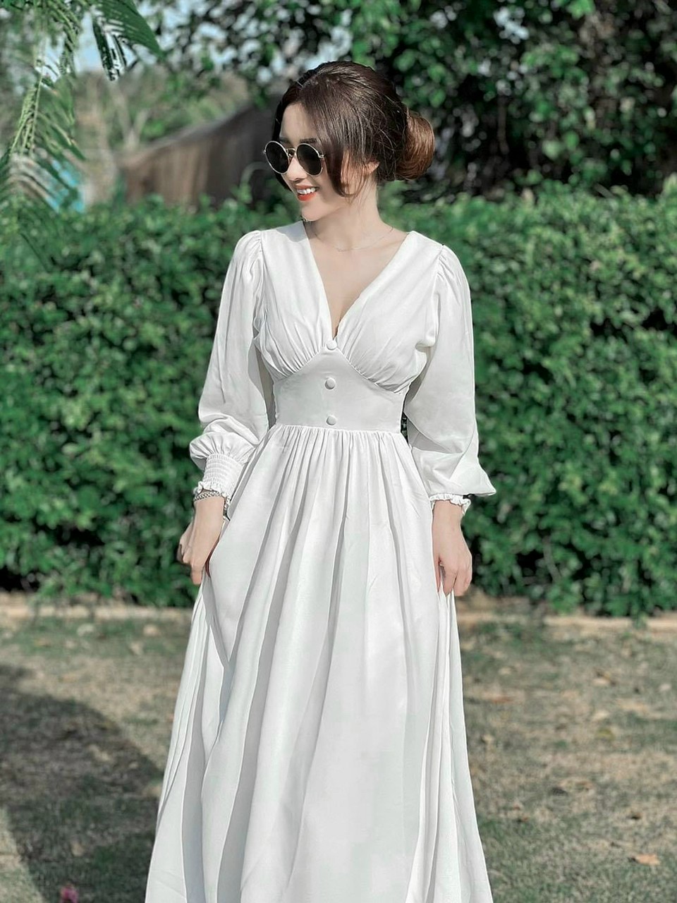 đầm maxi voan tay dài nút bọc có mút cao cấp