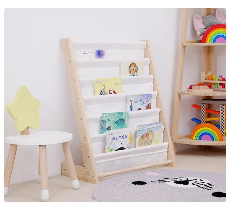 Montessori Bookshelf for kids babies made of wood and canvas 100% natural