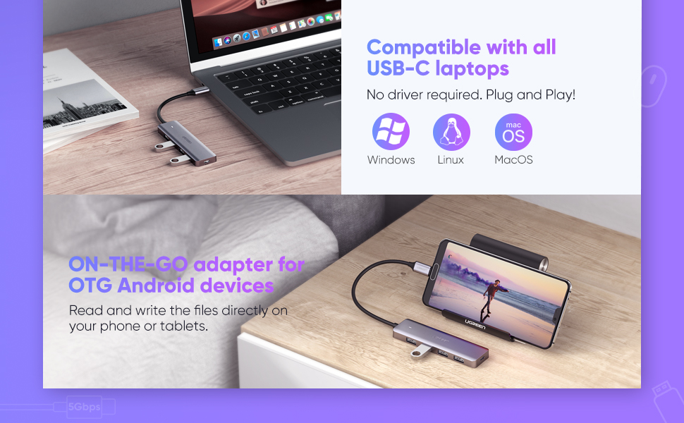HUB USB TYPE-C SANG 4 CỔNG USB 3.0 UGREEN 70336, CÓ CỔNG TRỢ NGUỒN MICRO USB