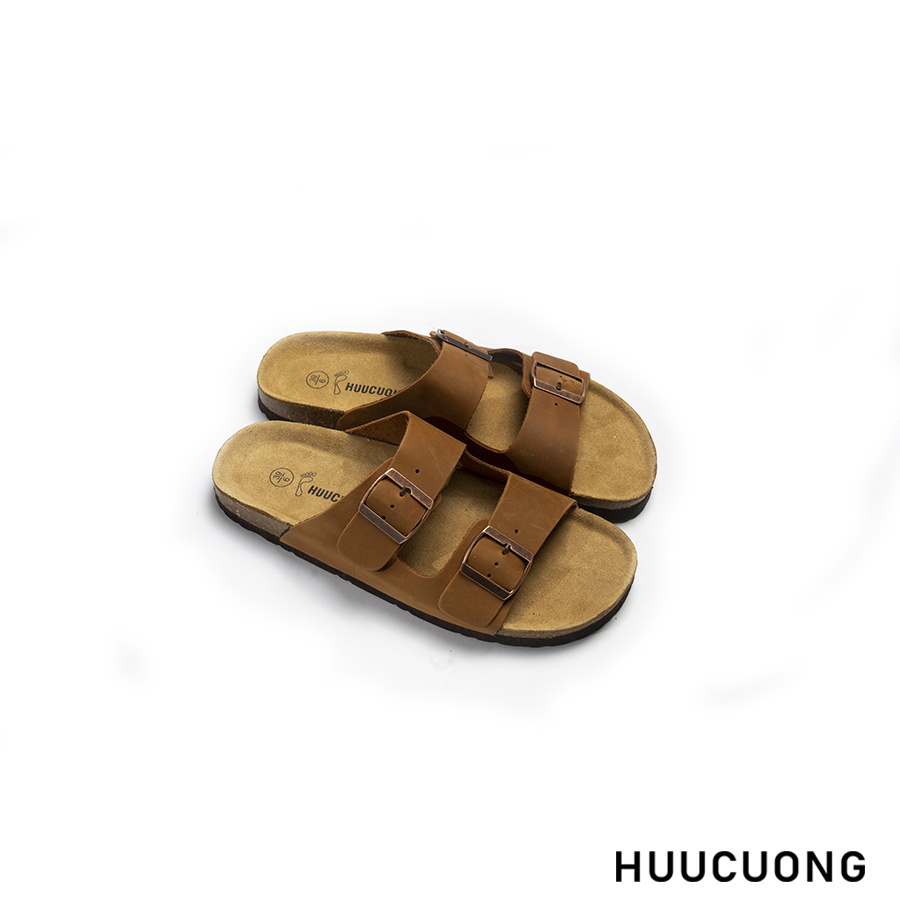 Dép unisex 2 khóa da bò nâu đế trấu
