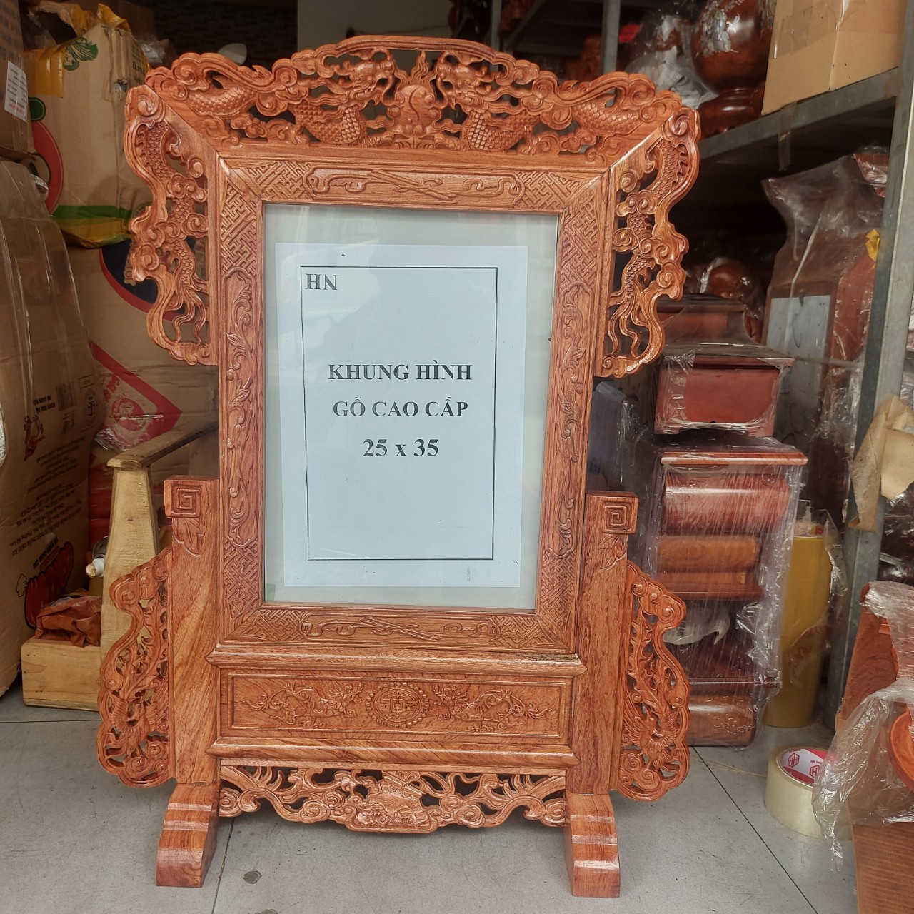 Khung ảnh thờ tứ linh gỗ hương cao cấp+ kèm kính kt 25x35cm