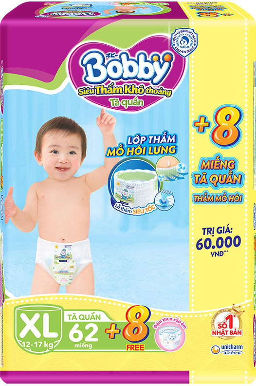[HCM][Tặng 8 miếng] Tã/bỉm quần Bobby đệm lưng thấm mồ hôi XL62 - 62 miếng (12-17kg)