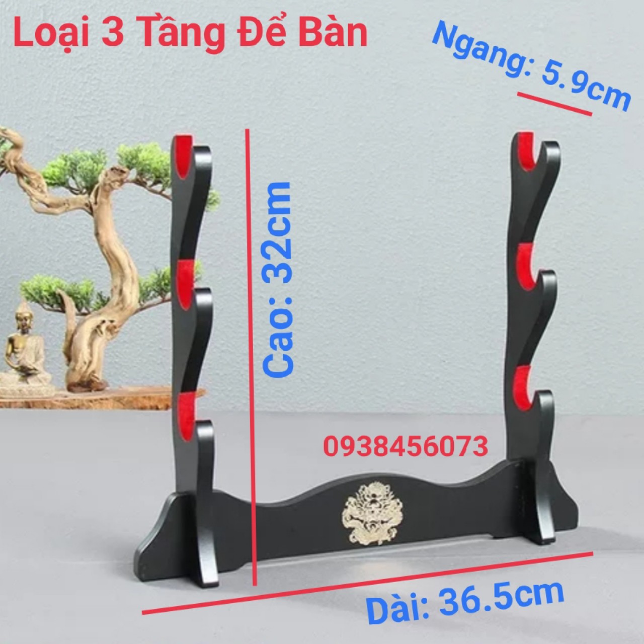 Giá đỡ kiếm cao cấp loại để bàn 3 tầng trang trí hình rồng nổi bật và có miếng lót chống trầy kiếm