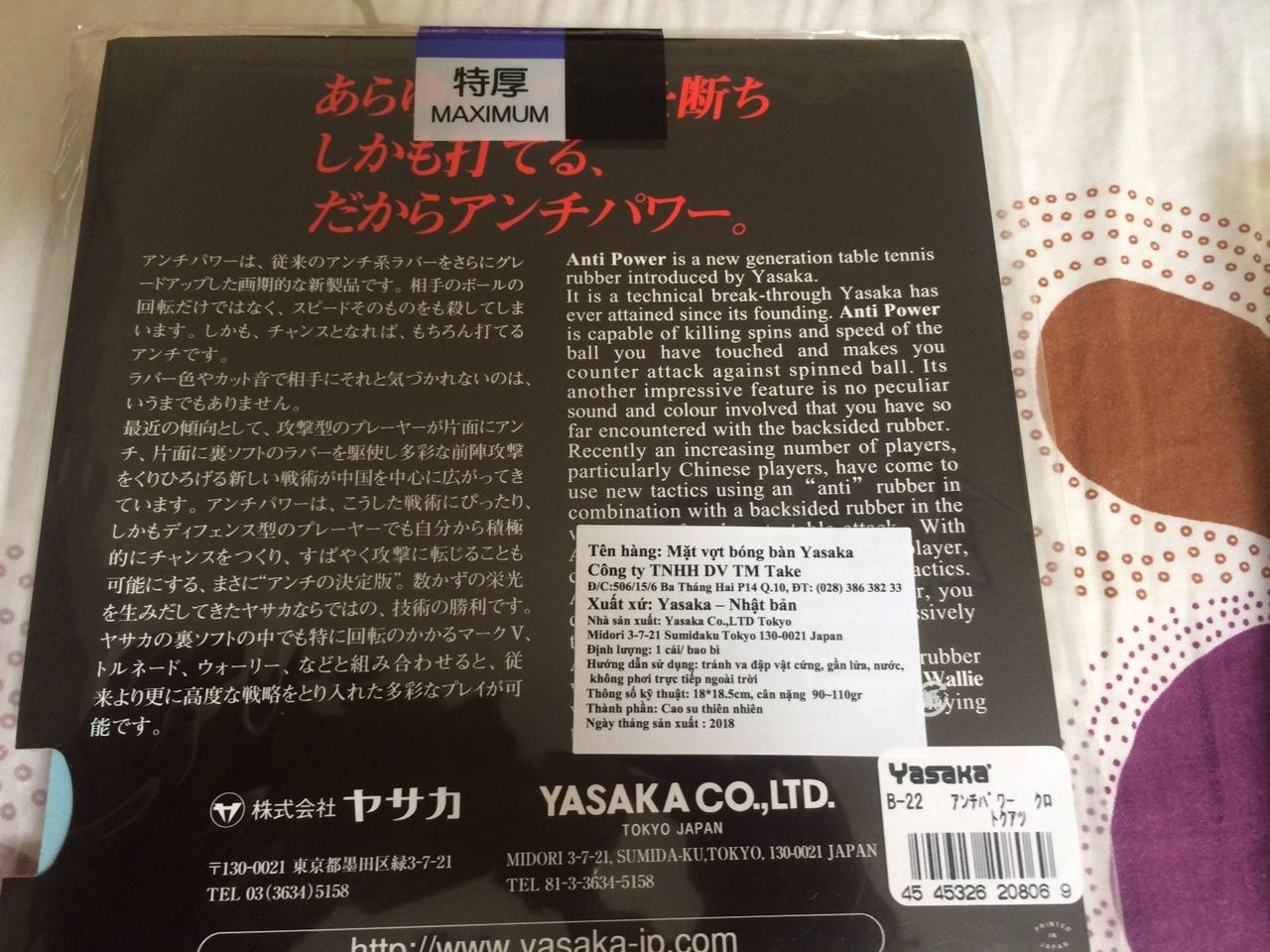 mặt vợt anti Yasaka Anti Power