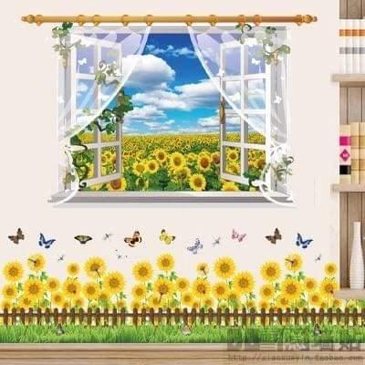 Decal dán tường cửa sổ và chân tường hướng dương vàng